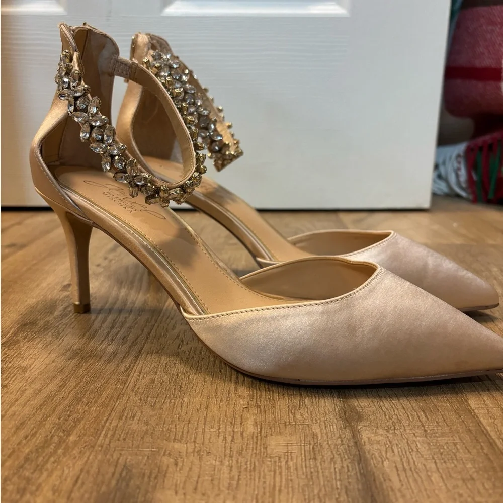 Jewel Badgley Mischka Satin Heels with Embellished Ankle Strap - Picture 4 of 6